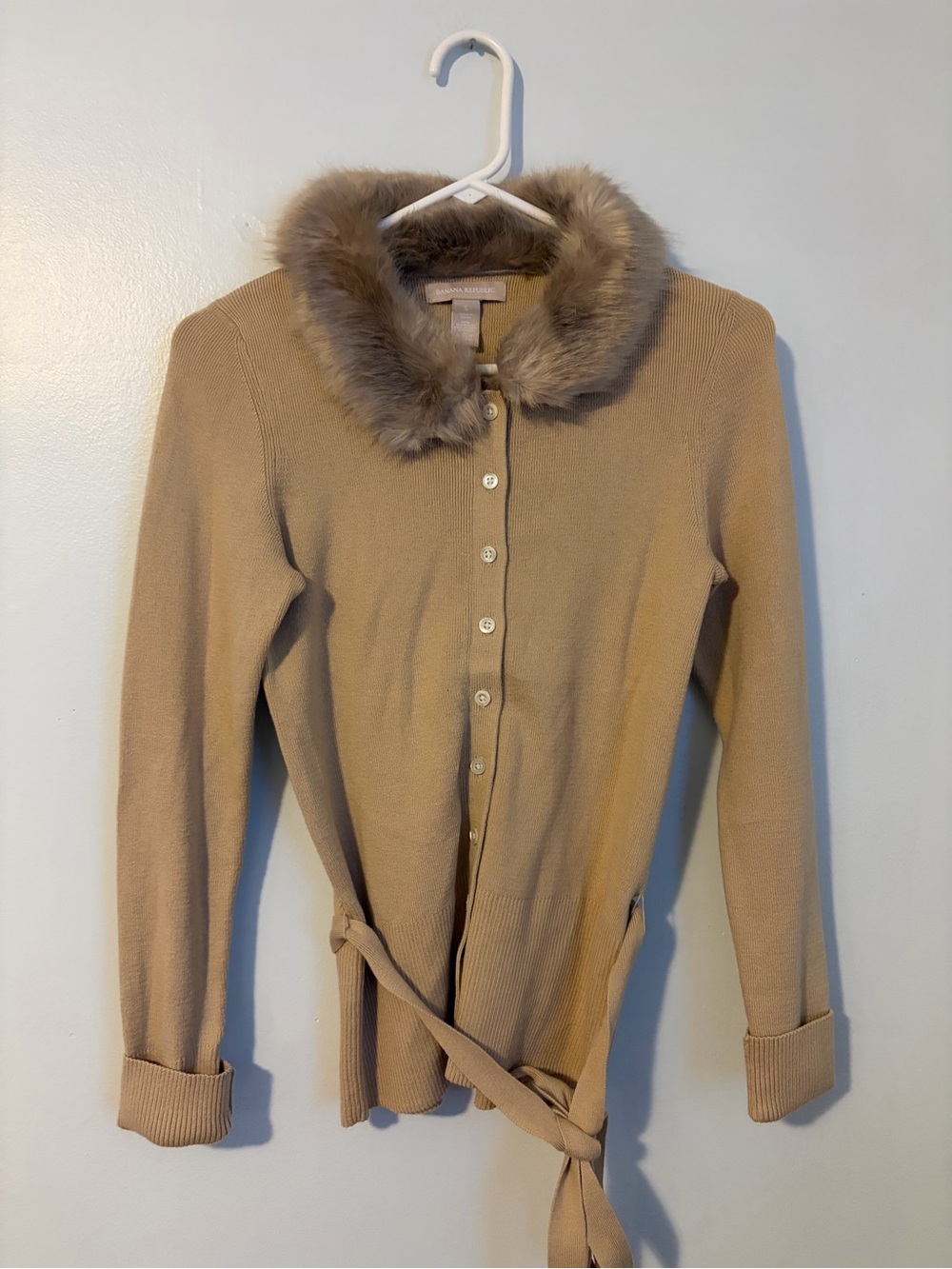Banana Republic Camel Sweater Cardigan with Faux Fur Collar